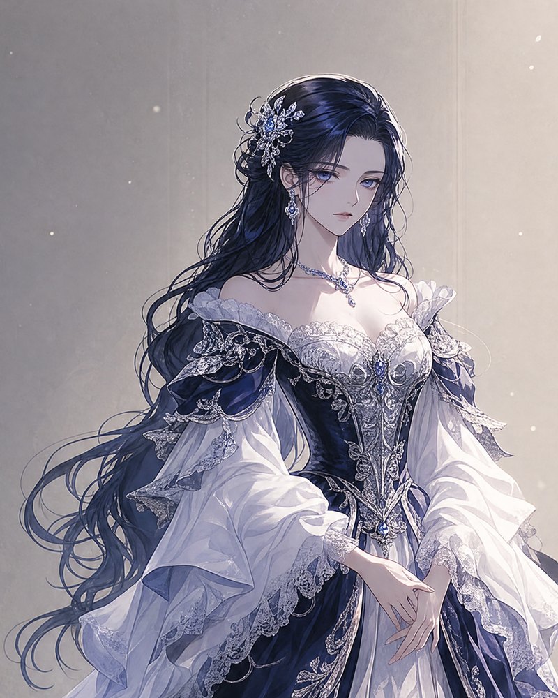 Character sheet for Elena: long black hair with a blue sheen, a midnight-blue and ivory gown with silver embroidery.