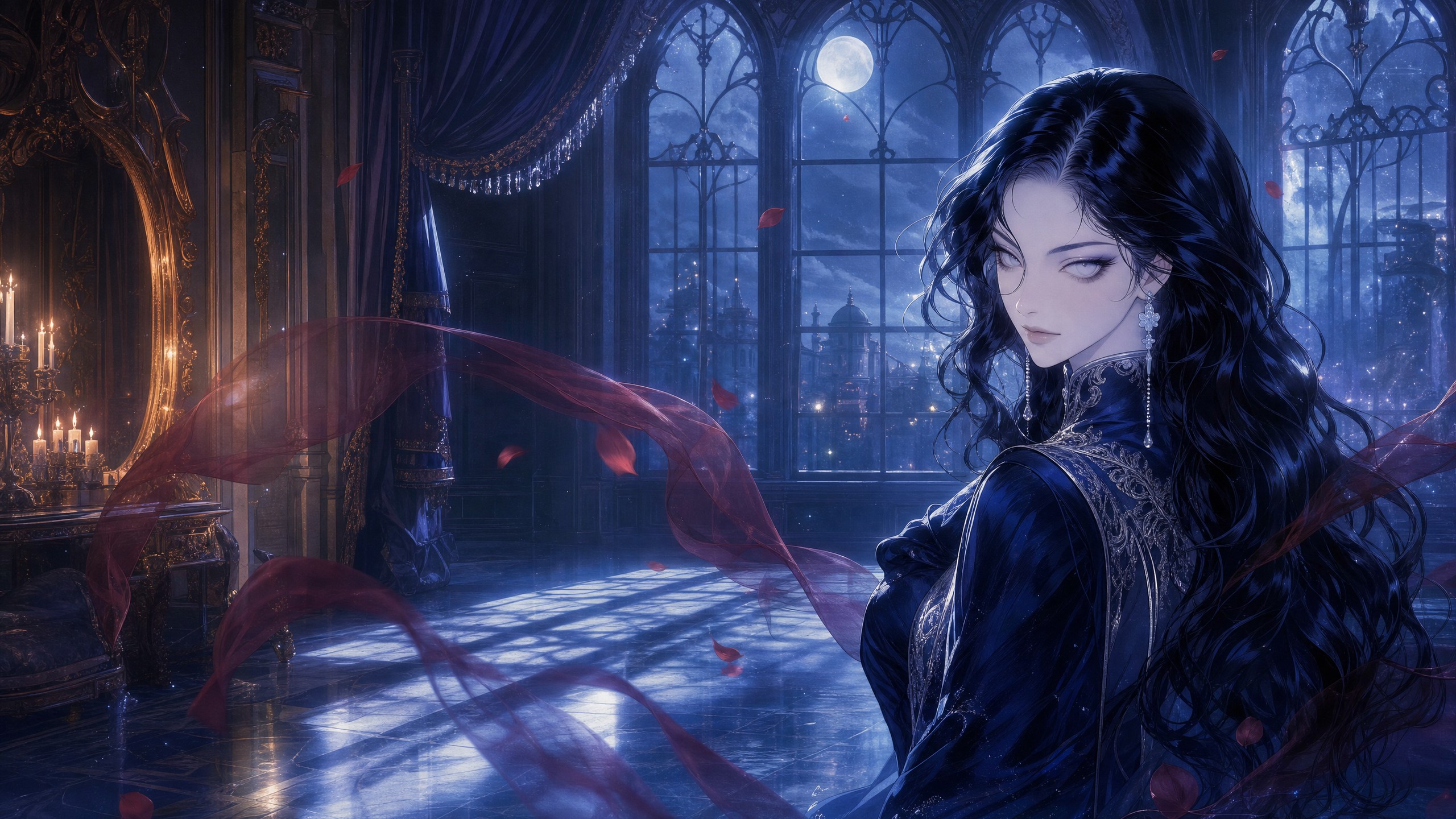 Key art for Elena: Elena in a moonlit palace chamber, looking back over her shoulder, a crimson silk ribbon drifting around her.