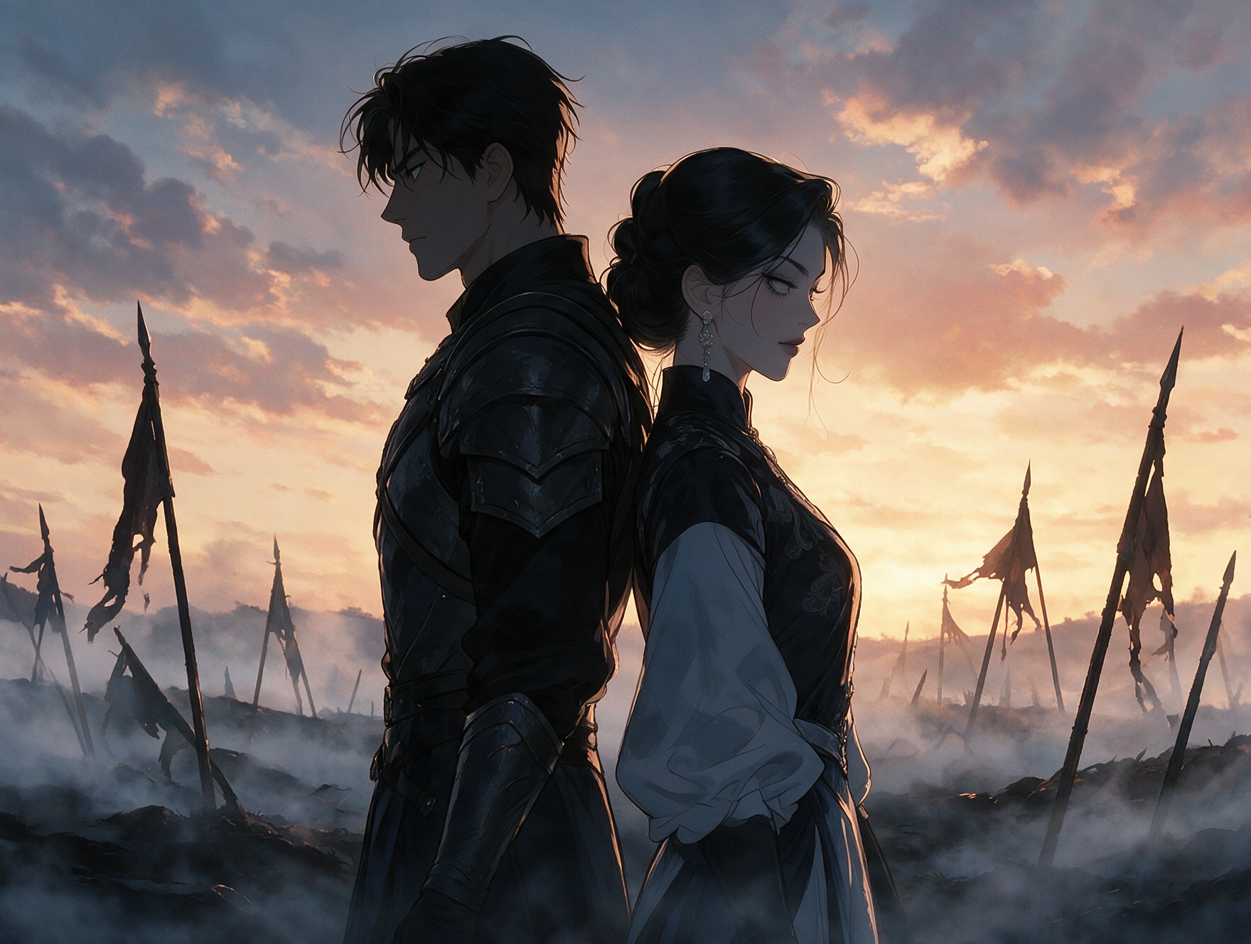 Elena y el príncipe guerrero de espaldas sobre un campo de batalla al anochecer, ilustración del manhwa.
