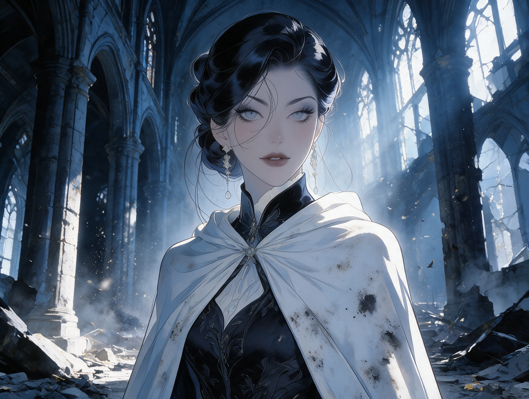 Elena en la nave de una catedral en ruinas, ilustración del manhwa.