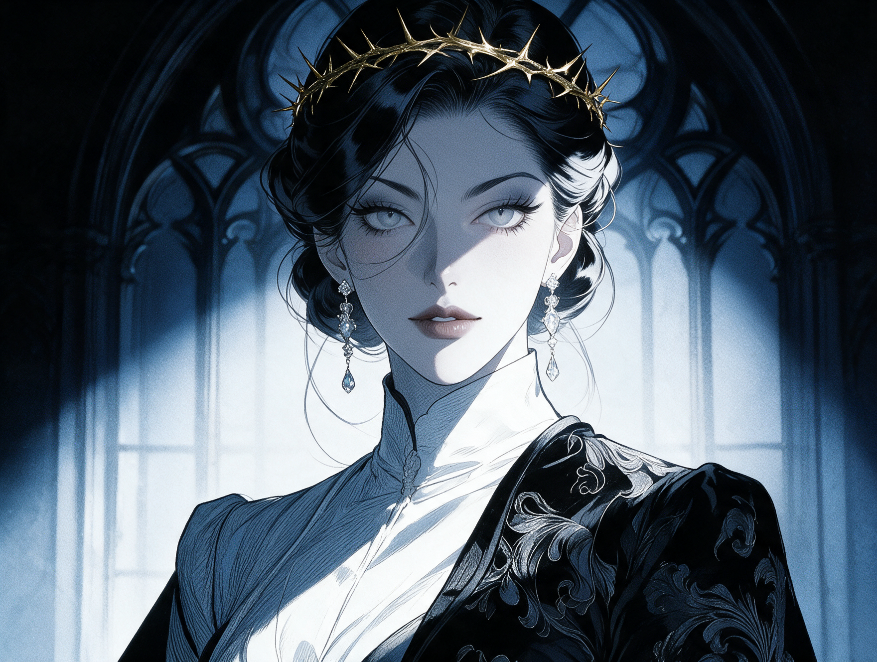 Elena con corona de espinas doradas, ilustración del manhwa.